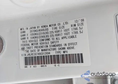 2009 Honda Cr-V Ex-L from USA, damaged, VIN JHLRE38749C012694